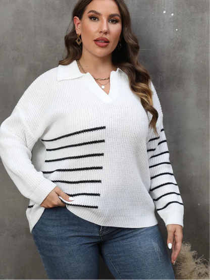 Plus Size Drop Shoulder Striped Knitted Pullover Sweater