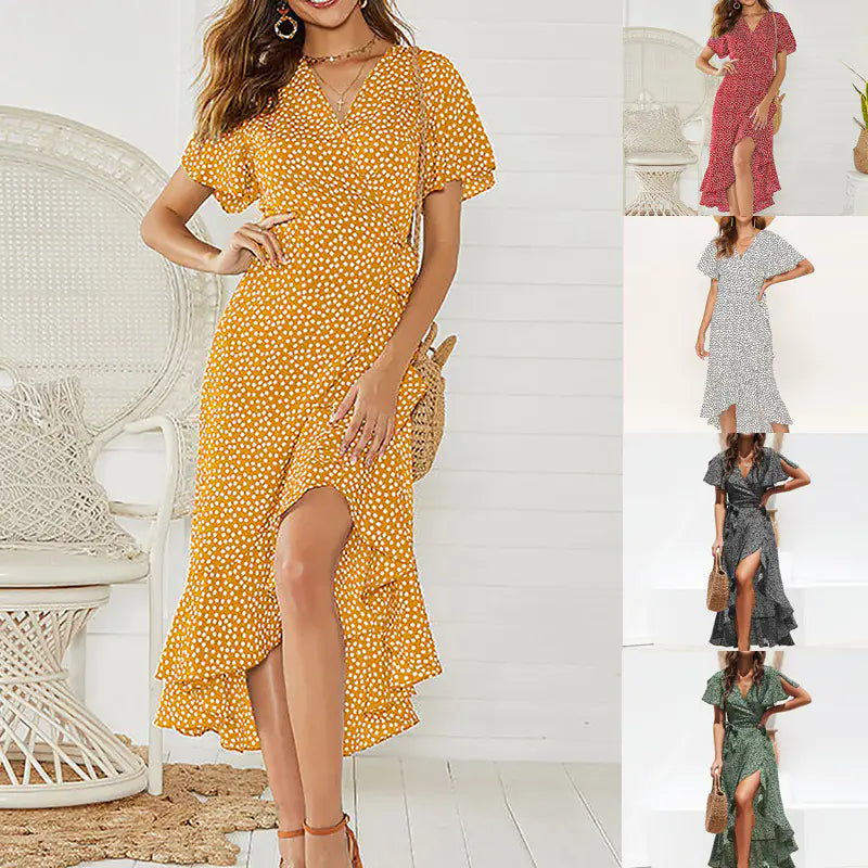Sommerliches geblümtes hochtailliertes Chiffonkleid mit V-Ausschnitt