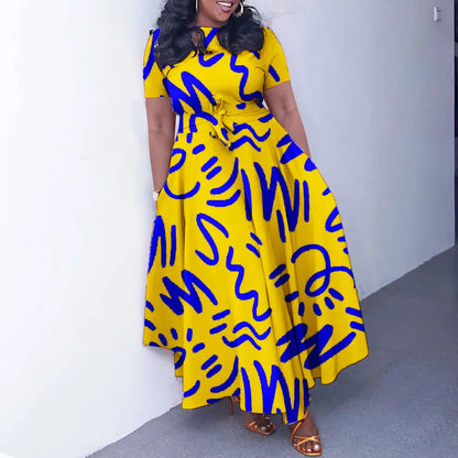 Printed Belted Dress Elegant  Knee-Length Round Neck Short Sleeve Dress