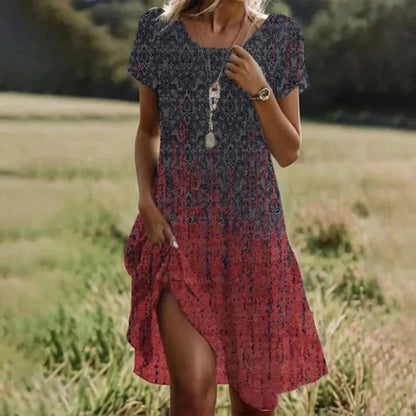 Artistic Ethnic Style Round Neck Medium-Length Dress Summer