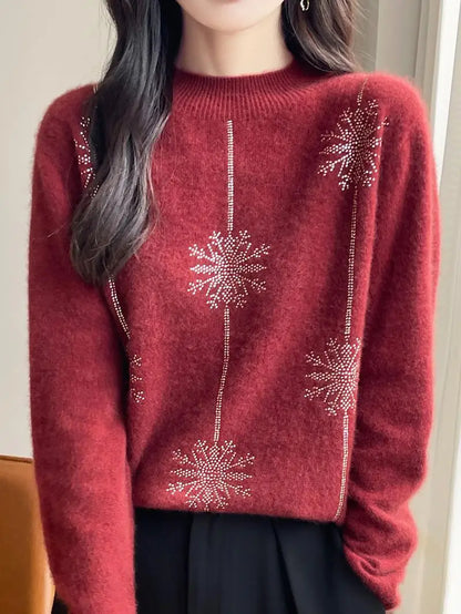 Snowflake Mock Neck Long Sleeve Knitted Looser Pullovers