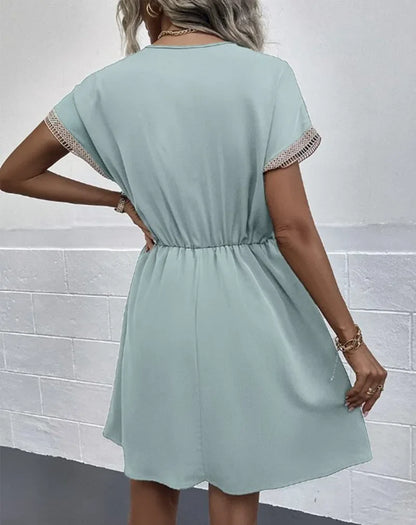 Short Sleeve V-neck Ruffle Waist Cross-border  Elastic Waist Dress