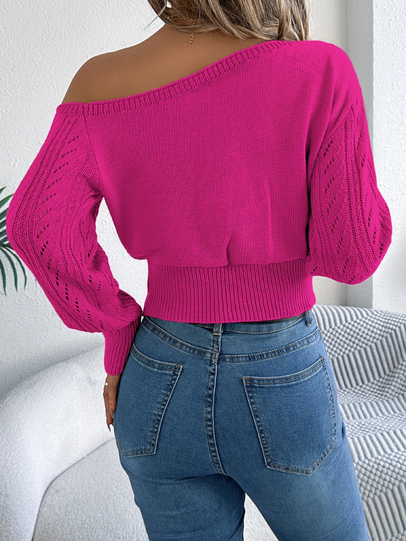 Casual Elegant Slash Neck Off shoulder Long Sleeved Knitted Pullover Sweater