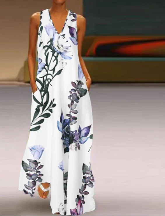 Sleeveless Floral Dress with Deep V Neck for Summer
