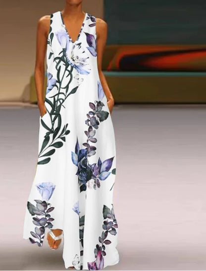 Sleeveless Floral Dress with Deep V Neck for Summer
