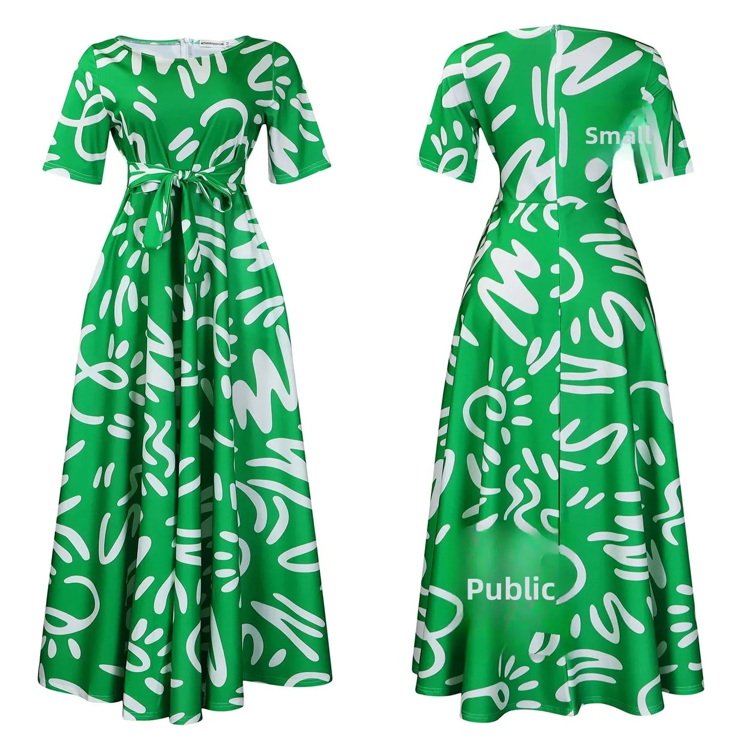 Printed Belted Dress Elegant  Knee-Length Round Neck Short Sleeve Dress
