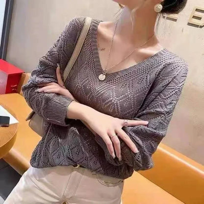 V-neck Crochet Hollow Knit Loose Bat Long Sleeve Sweater