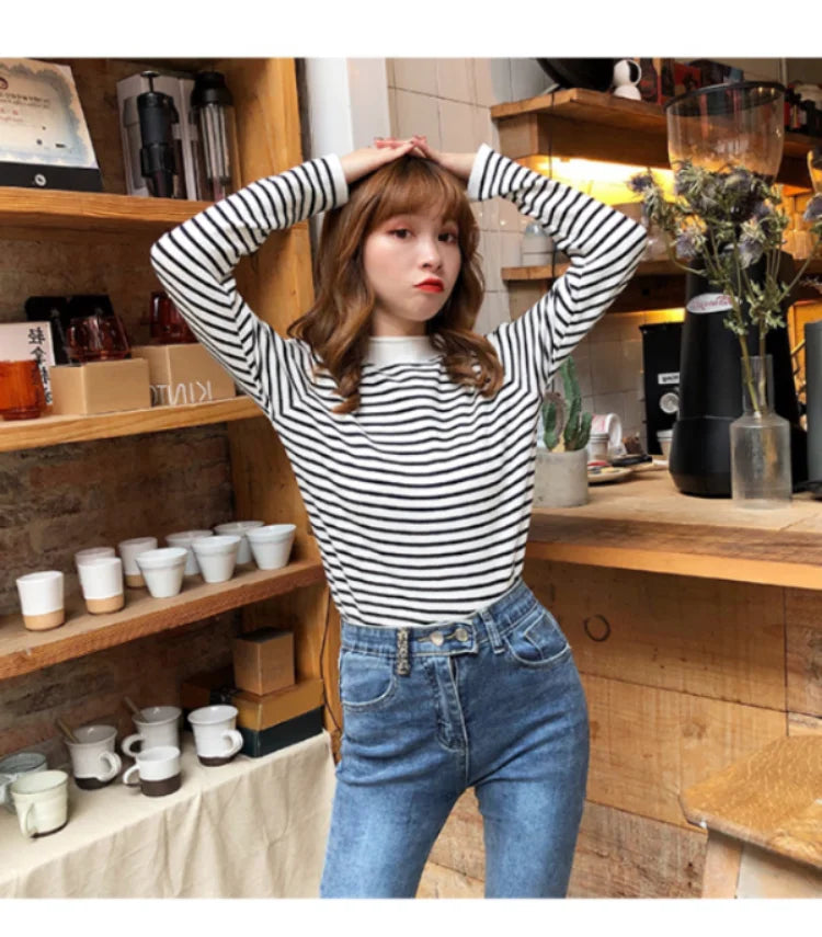 Mock Neck Pullover Long Sleeve Casual Striped Knitted Sweaters