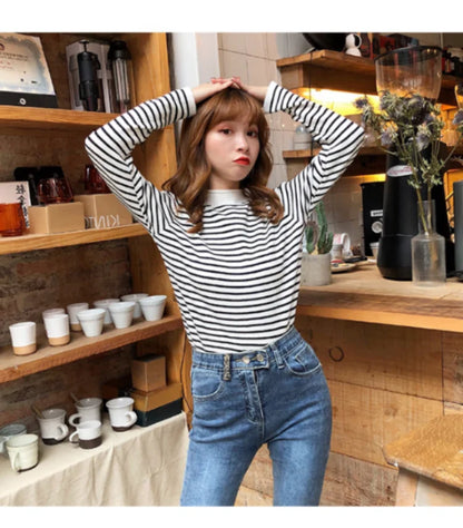 Mock Neck Pullover Long Sleeve Casual Striped Knitted Sweaters
