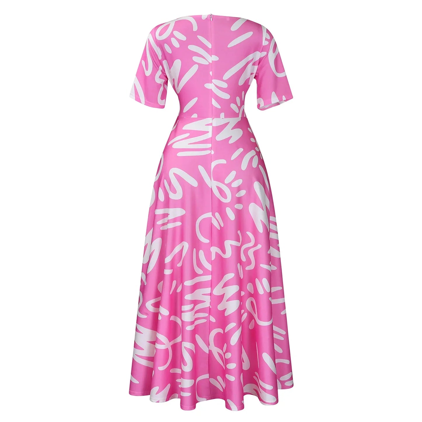 Printed Belted Dress Elegant  Knee-Length Round Neck Short Sleeve Dress