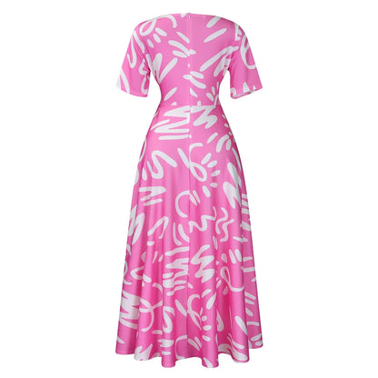 Printed Belted Dress Elegant  Knee-Length Round Neck Short Sleeve Dress
