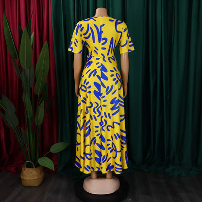 Printed Belted Dress Elegant  Knee-Length Round Neck Short Sleeve Dress
