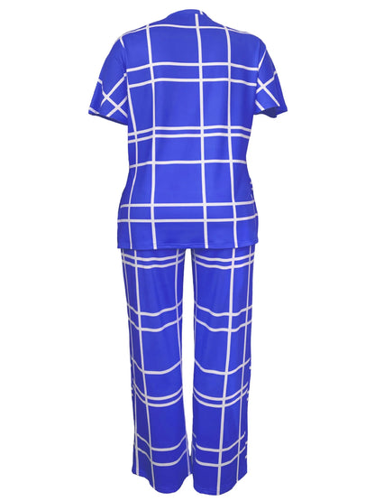 Spring Autumn New Women's Fashion Elements Striped Grid Printed Casual Round Neck Large Comfortable Two Piece Set - Trendy Attic Store01