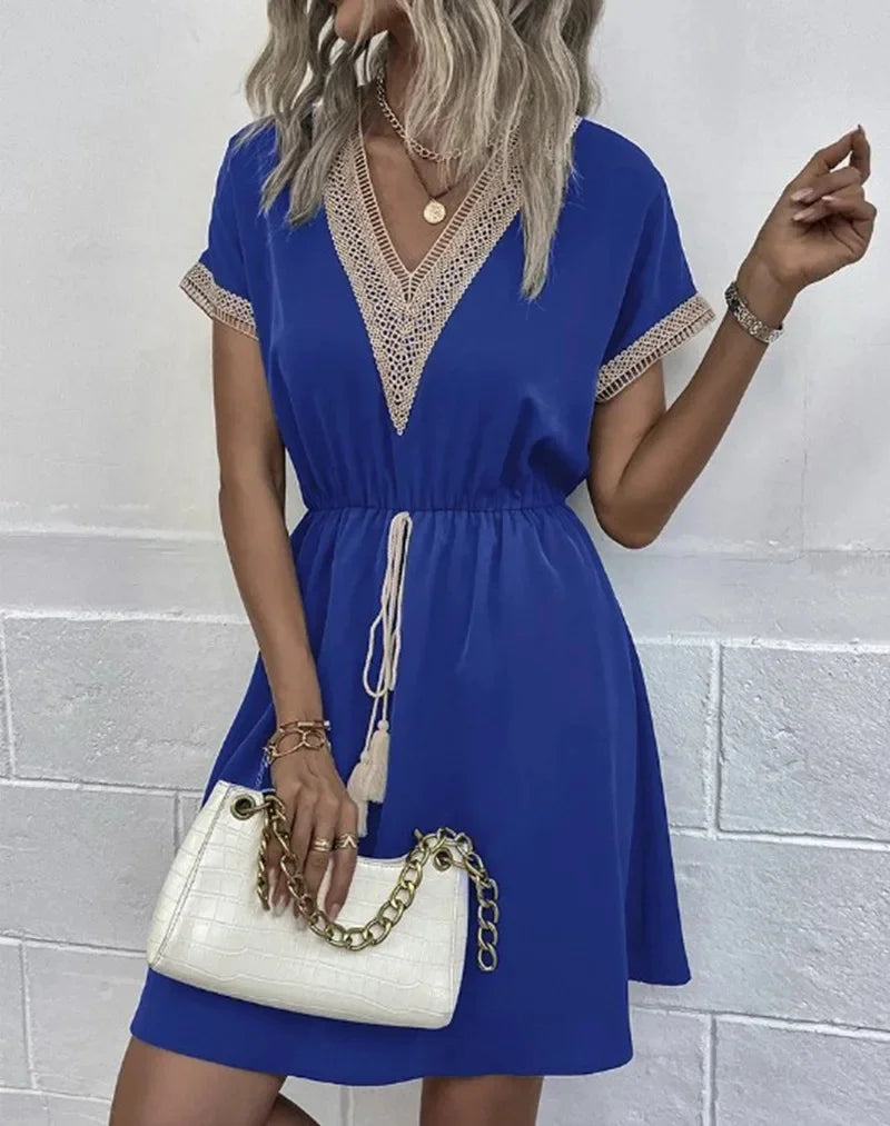 Short Sleeve V-neck Ruffle Waist Cross-border  Elastic Waist Dress