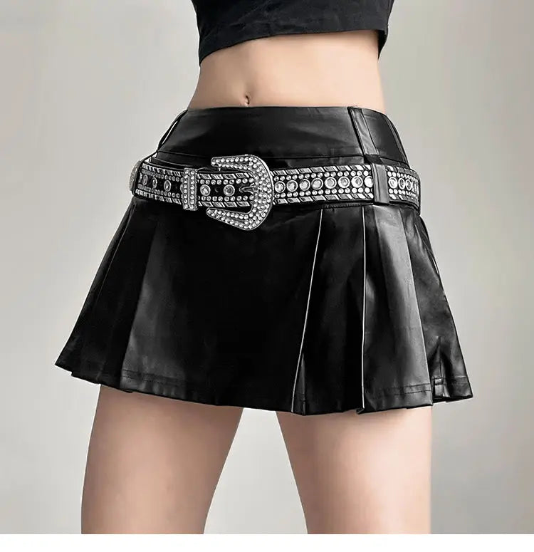 Hip-hop Pleated PU Leather Pleated Skirt