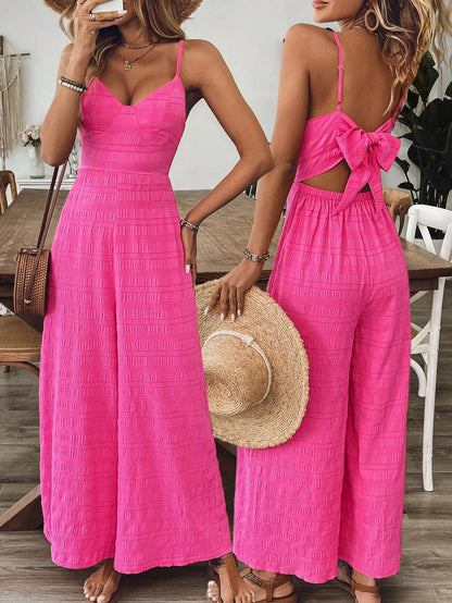 Women's Jumpsuits  Rose Red Sexy Backless Strap Wide-foot Jumpsuits