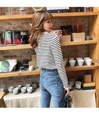 Mock Neck Pullover Long Sleeve Casual Striped Knitted Sweaters