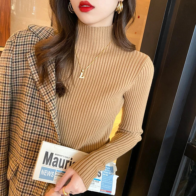 Pullover Long Sleeve Mock Neck Knitted Women Sweater