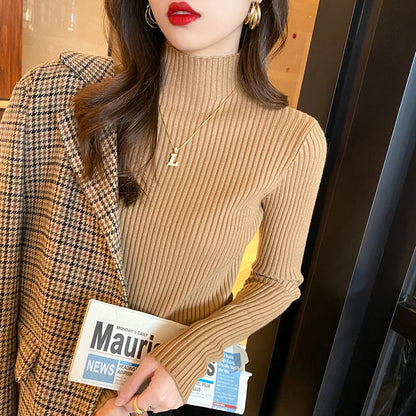 Pullover Long Sleeve Mock Neck Knitted Women Sweater