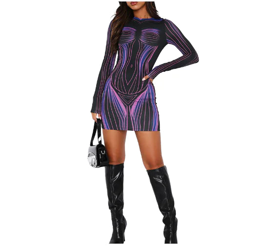 Fashion Printed Slim Fit Round Neck Long Sleeve Dress