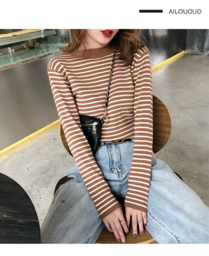 Mock Neck Pullover Long Sleeve Casual Striped Knitted Sweaters
