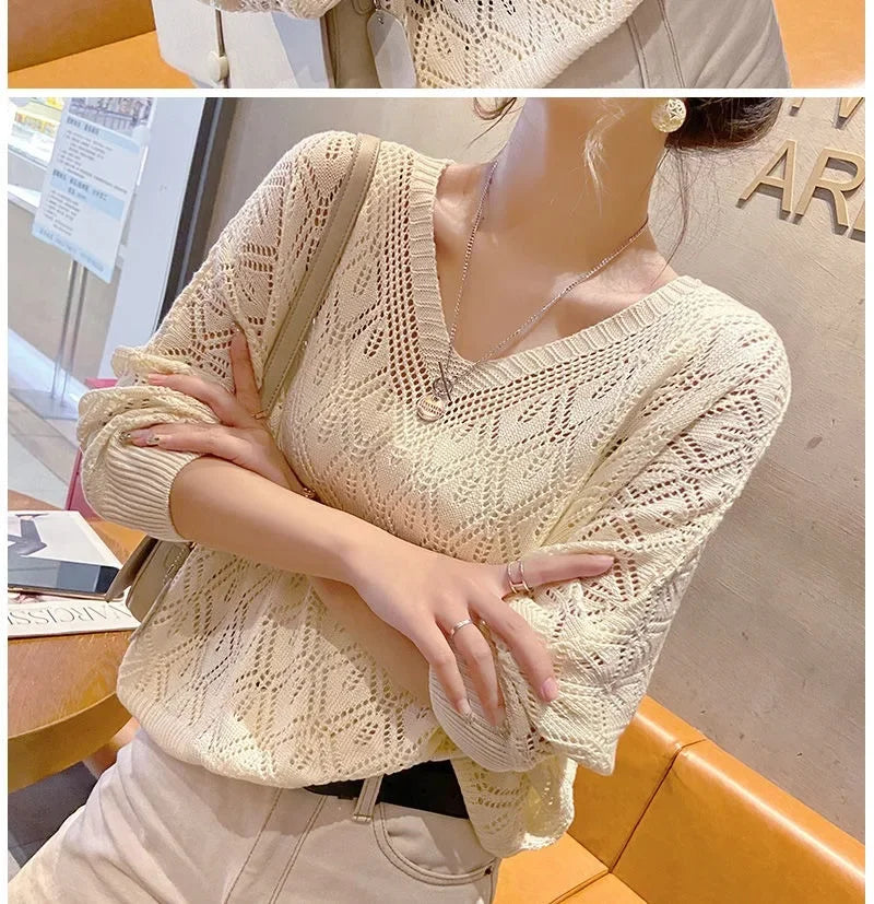 V-neck Crochet Hollow Knit Loose Bat Long Sleeve Sweater