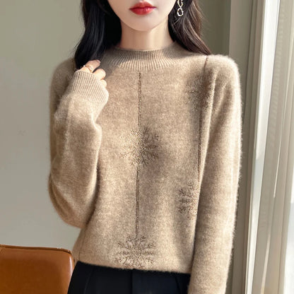 Snowflake Mock Neck Long Sleeve Knitted Looser Pullovers