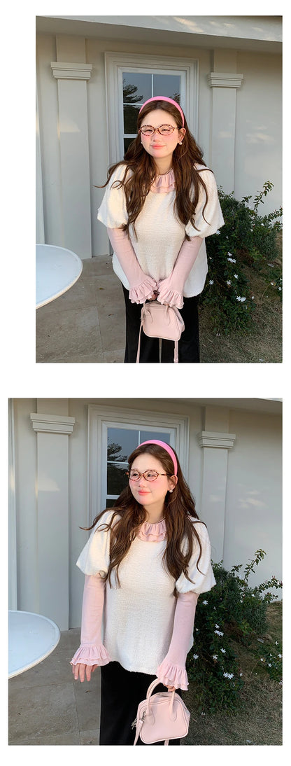 Solid Color Long Sleeve Sweet Double Layer Ruffles Crew Neck Knitted Sweater