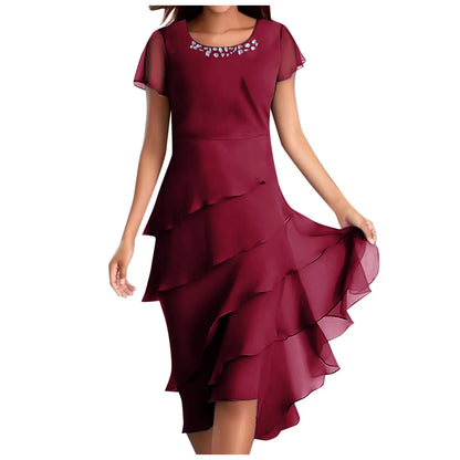 Plus Size Short Sleeve Round Neck Chiffon Paneled Dresses