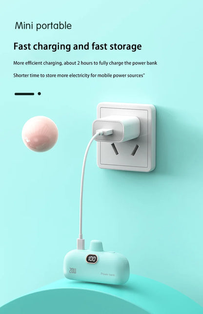 Mini Power Bank 2000/5000mAh Built Cable Portable Mobile Charger Fast Charger