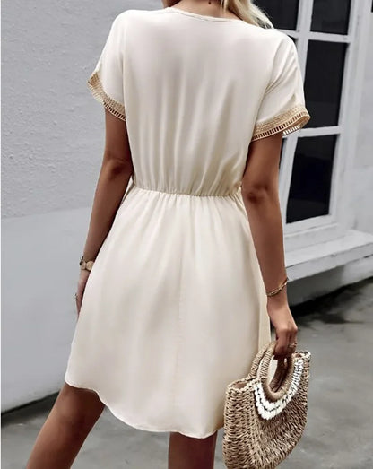 Short Sleeve V-neck Ruffle Waist Cross-border  Elastic Waist Dress