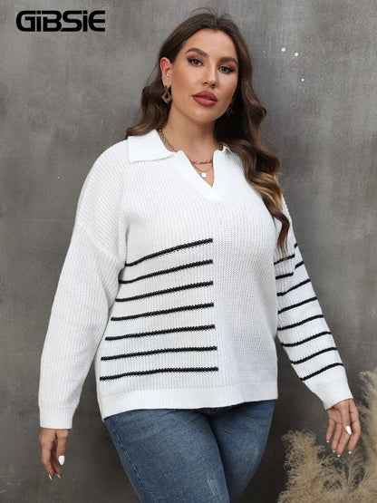 Plus Size Drop Shoulder Striped Knitted Pullover Sweater