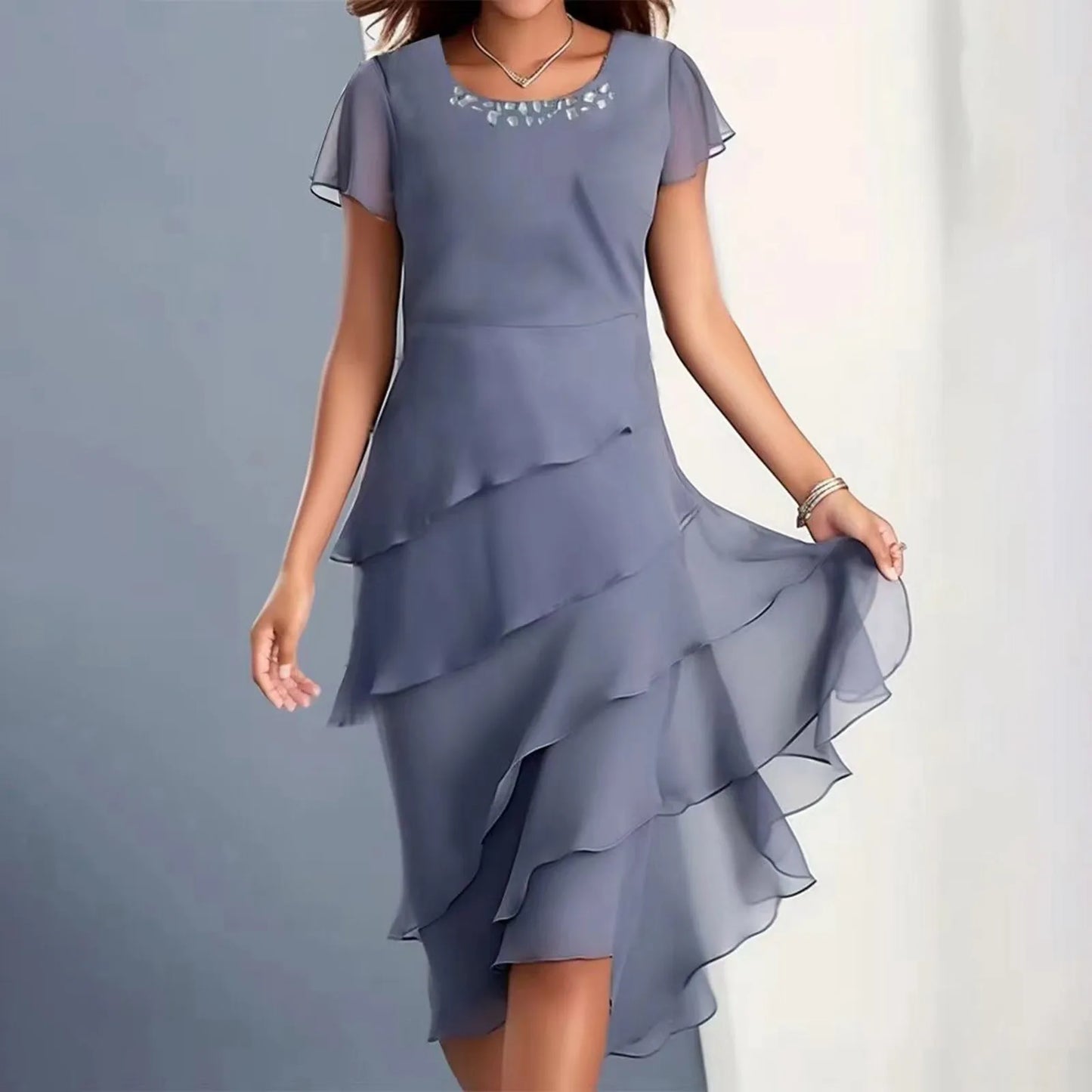 Plus Size Short Sleeve Round Neck Chiffon Paneled Dresses