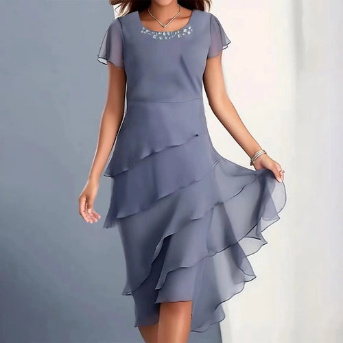 Plus Size Short Sleeve Round Neck Chiffon Paneled Dresses