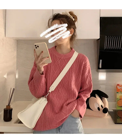 Plus Size Elegant Style Knit  Loose Fit Slimming Long Sleeve Sweater