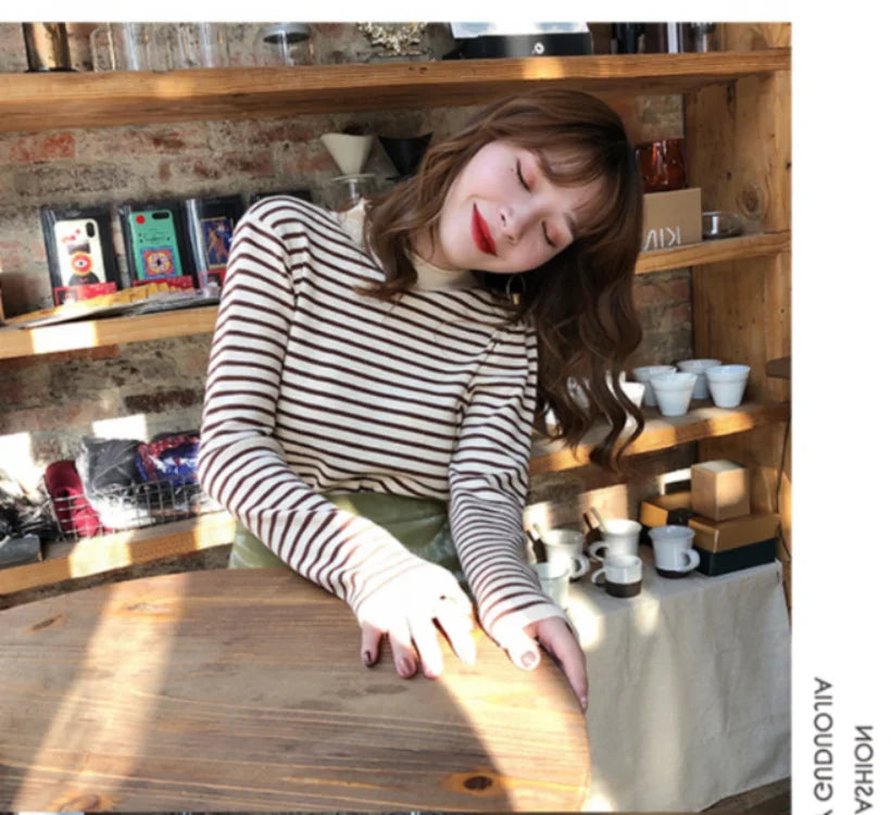 Mock Neck Pullover Long Sleeve Casual Striped Knitted Sweaters