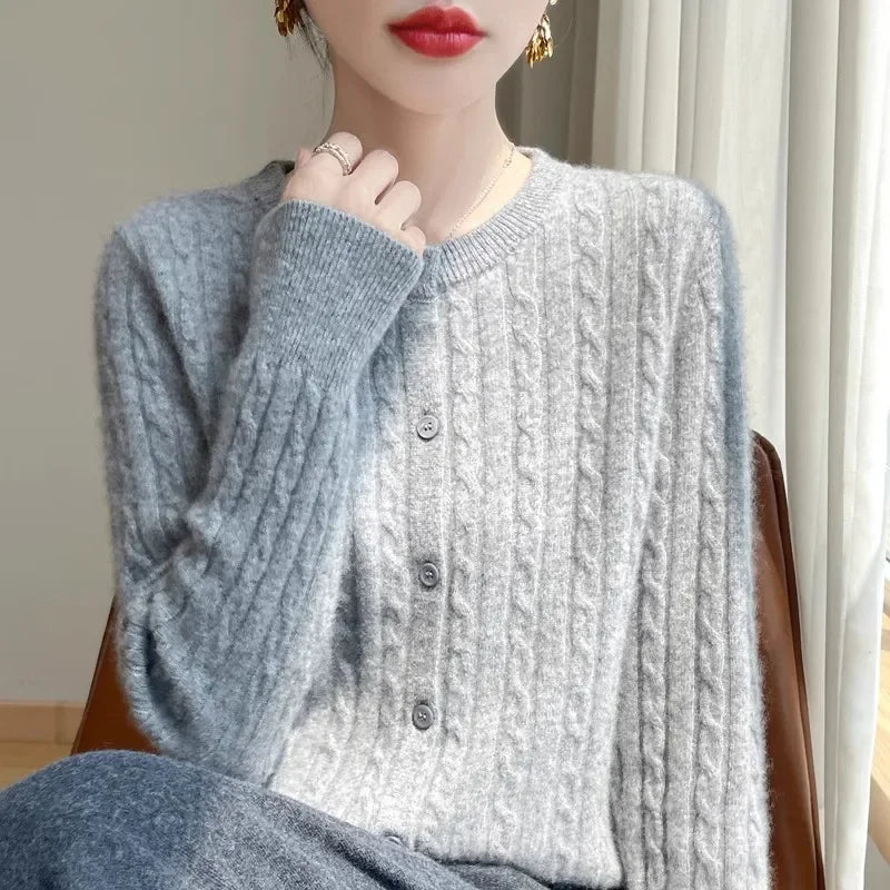 Long Sleeve Knitted O-neck Basic Thick Warm Cardigan