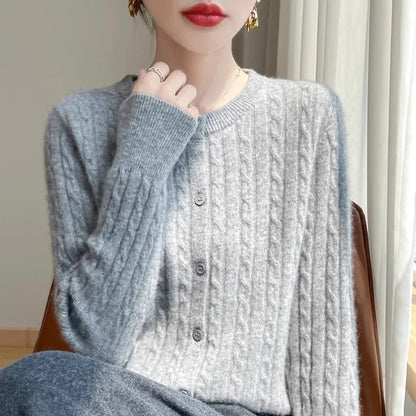 Long Sleeve Knitted O-neck Basic Thick Warm Cardigan