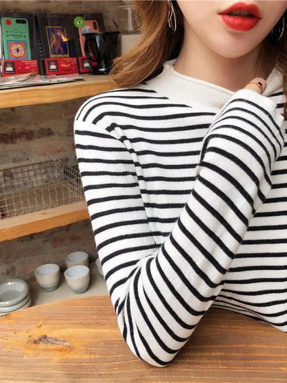 Mock Neck Pullover Long Sleeve Casual Striped Knitted Sweaters