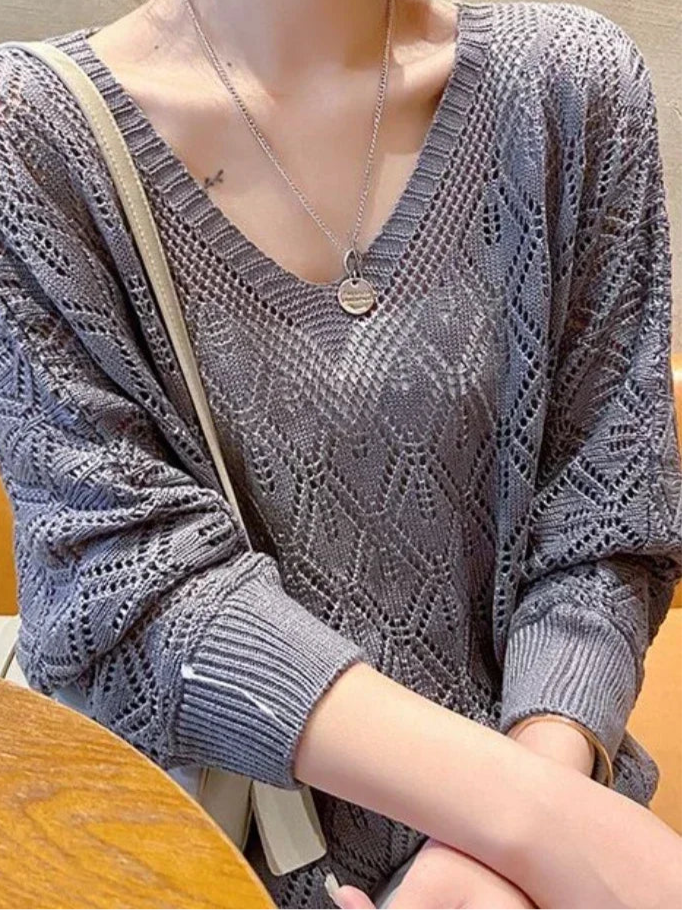 V-neck Crochet Hollow Knit Loose Bat Long Sleeve Sweater