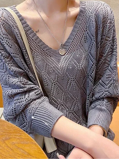V-neck Crochet Hollow Knit Loose Bat Long Sleeve Sweater