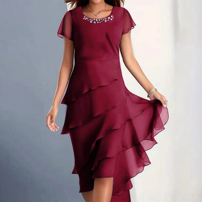 Plus Size Short Sleeve Round Neck Chiffon Paneled Dresses