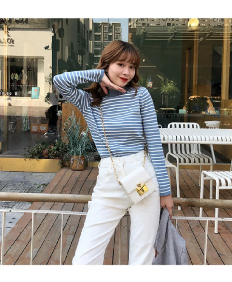 Mock Neck Pullover Long Sleeve Casual Striped Knitted Sweaters