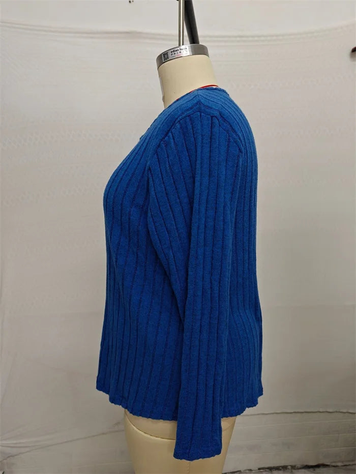 GIBSIE Plus Size Solid V-neck Chain Loose T Shirt Women Spring Autumn Casual Long Sleeved Rib-knit Tees Tops Female Clothes - Trendy Attic Store01