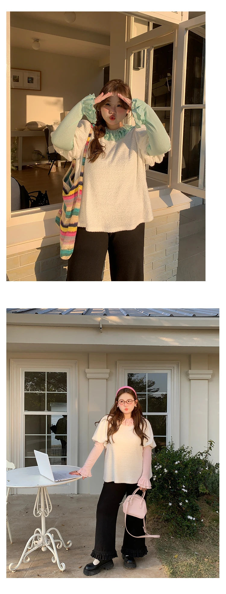 Solid Color Long Sleeve Sweet Double Layer Ruffles Crew Neck Knitted Sweater