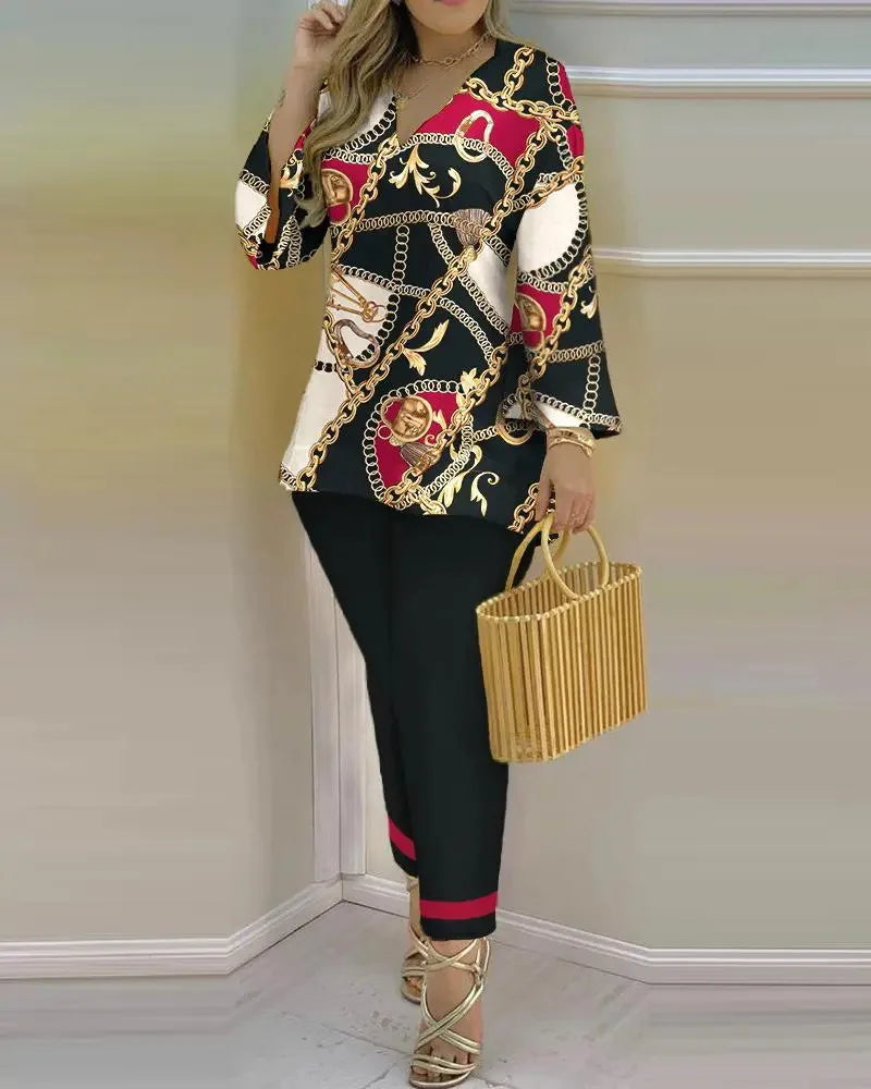 2024 Suit Summer Long Sleeve V-neck Polyester Printing Two Pieces Sets Top and Long Pant Clothes Women - Trendy Attic Store01