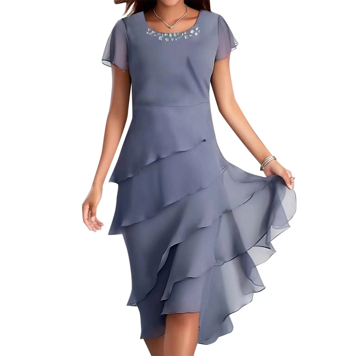Plus Size Short Sleeve Round Neck Chiffon Paneled Dresses