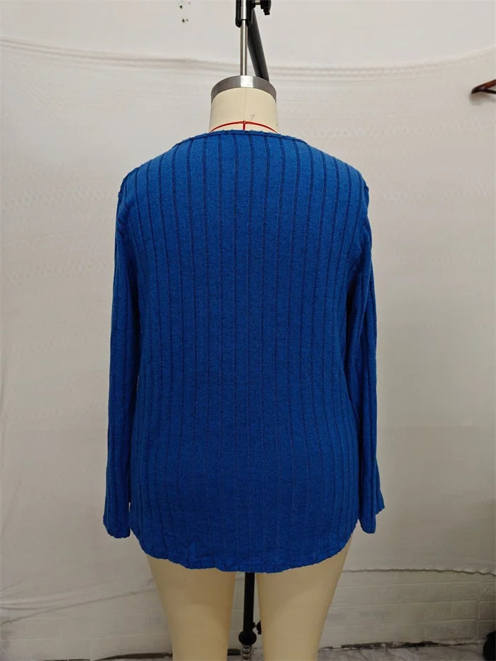 GIBSIE Plus Size Solid V-neck Chain Loose T Shirt Women Spring Autumn Casual Long Sleeved Rib-knit Tees Tops Female Clothes - Trendy Attic Store01