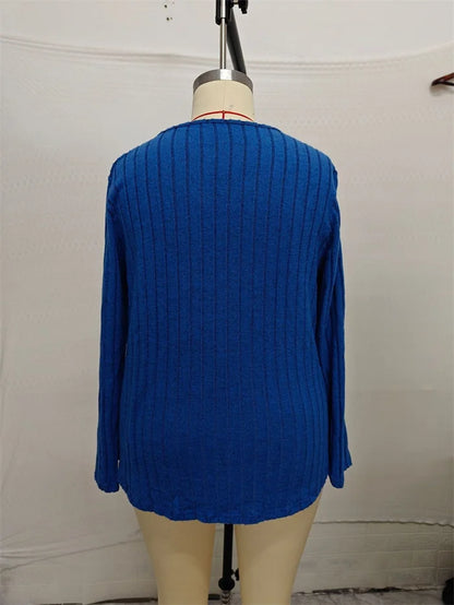 GIBSIE Plus Size Solid V-neck Chain Loose T Shirt Women Spring Autumn Casual Long Sleeved Rib-knit Tees Tops Female Clothes - Trendy Attic Store01