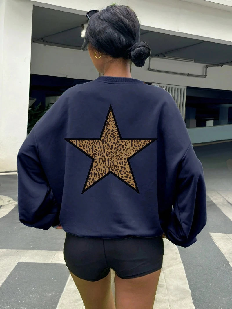 Denim Prints Star Graphic Loose Crewneck Pullover Hoodie
